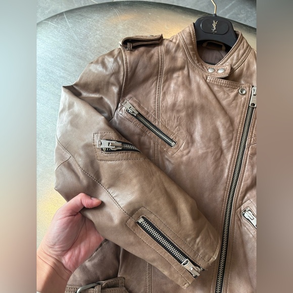 AllSaints Lamb Leather Biker Jacket Natural Pointed Collar Padded Inside US 10 - Picture 4 of 16